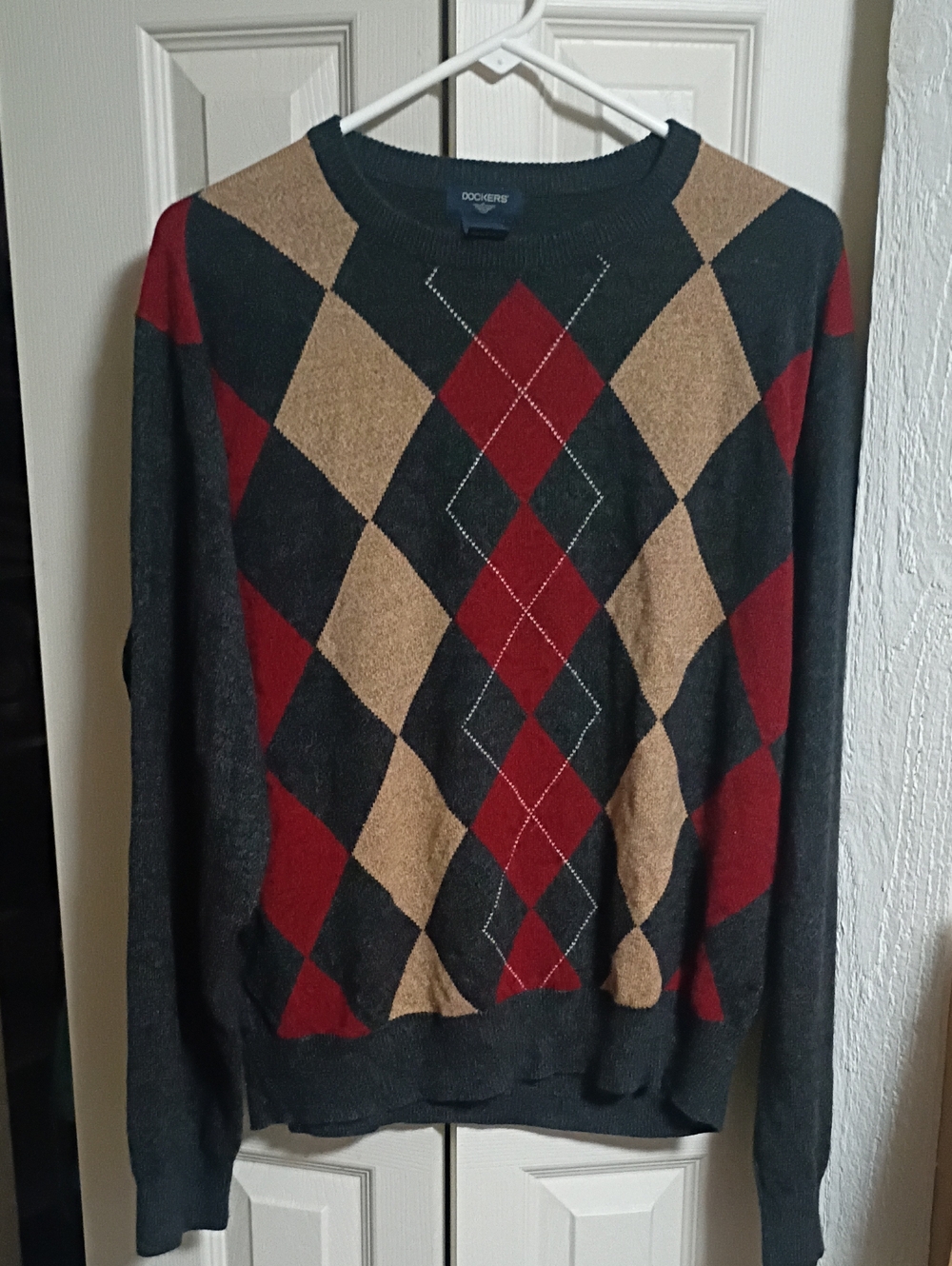 Dockers Men’s Charcoal Argyle Crewneck Sweater - Red & Tan